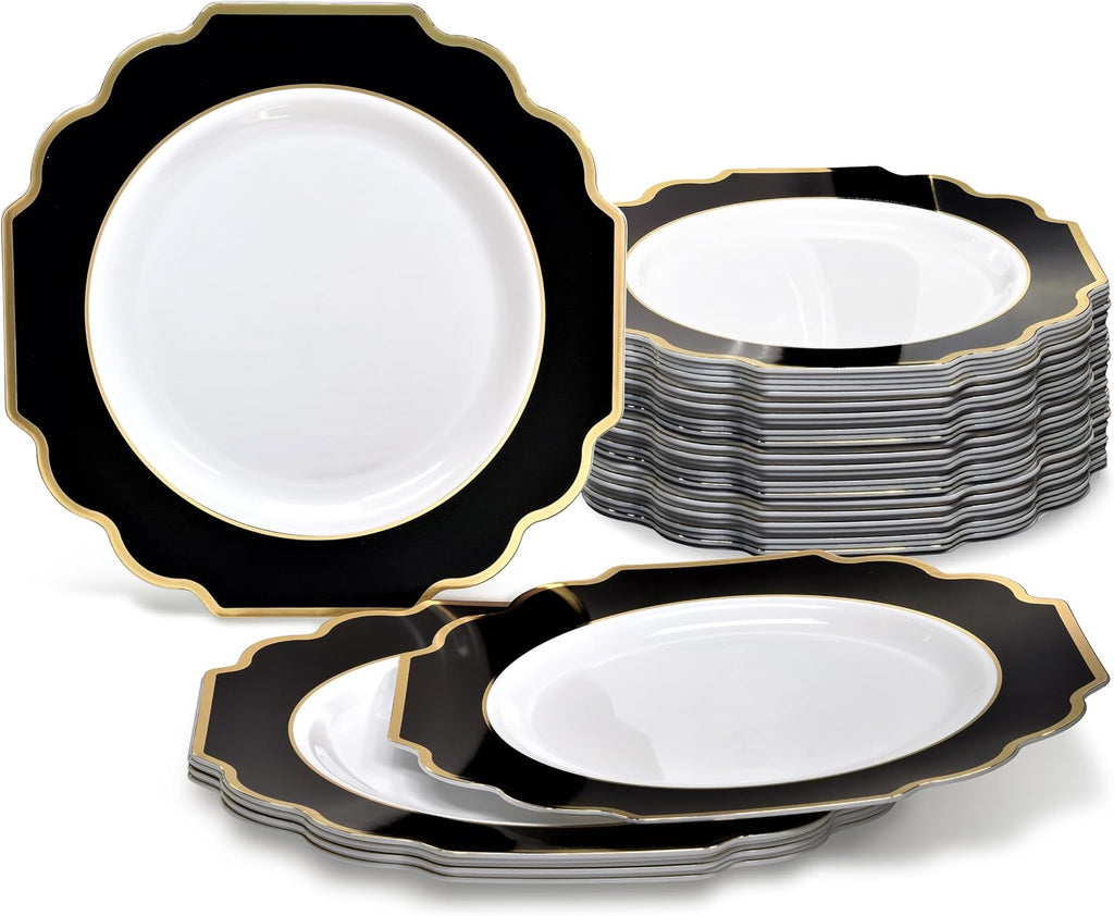 " OCCASIONS " 120 Plates Pack, Heavyweight Disposable Wedding Party Plastic Plates (6.5'' Cake/Dessert Plate, Imperial White/Blue & Silver)