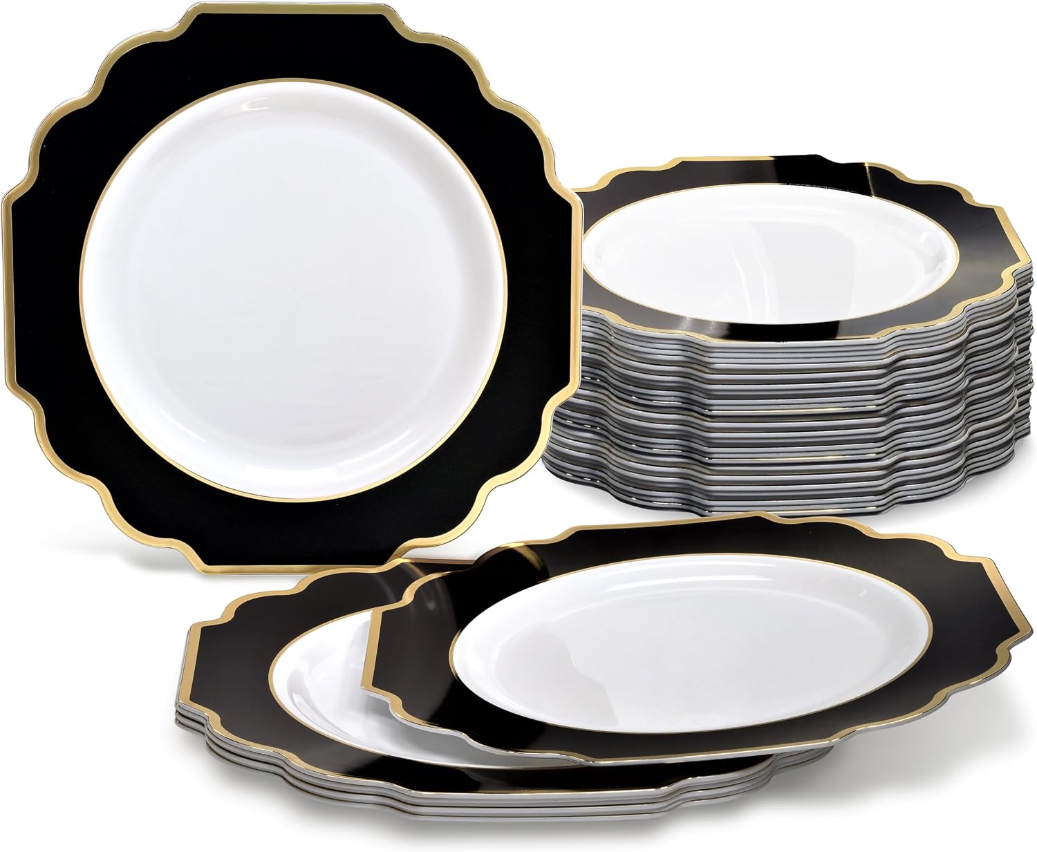" OCCASIONS " 120 Plates Pack, Heavyweight Disposable Wedding Party Plastic Plates (6.5'' Cake/Dessert Plate, Imperial White/Blue & Silver)