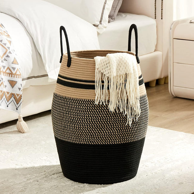 105L Extra Large Laundry Hamper Basket by Fiona's magic, Woven Tall Clothes Hamper for Storage Blanket, Toys and Dirty Cothes in Bedroom and Living Room Organizer, Brown & Black Main Image