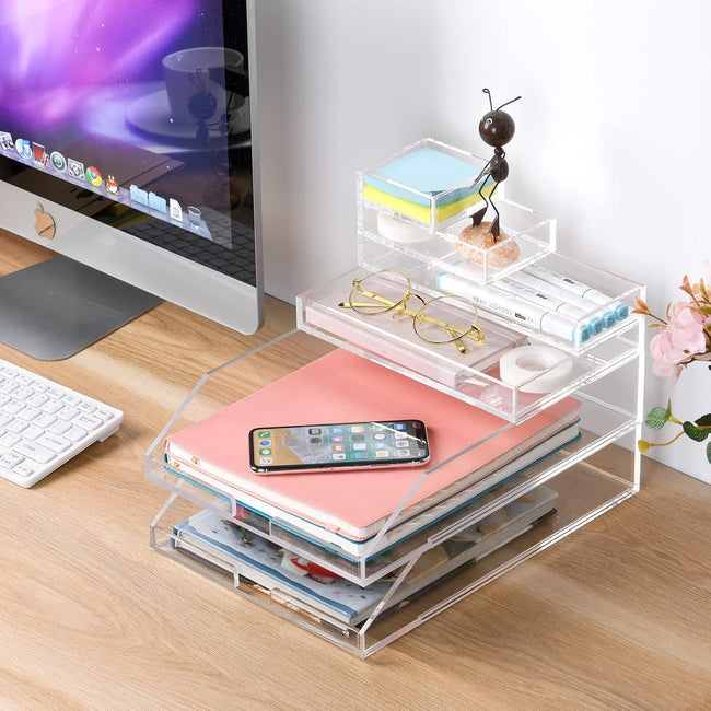 (2pcs Pack) Stackable Clear Acrylic Paper Trays, Desk File Organizer, A4 Paper Holder, Letter Tray Main Image