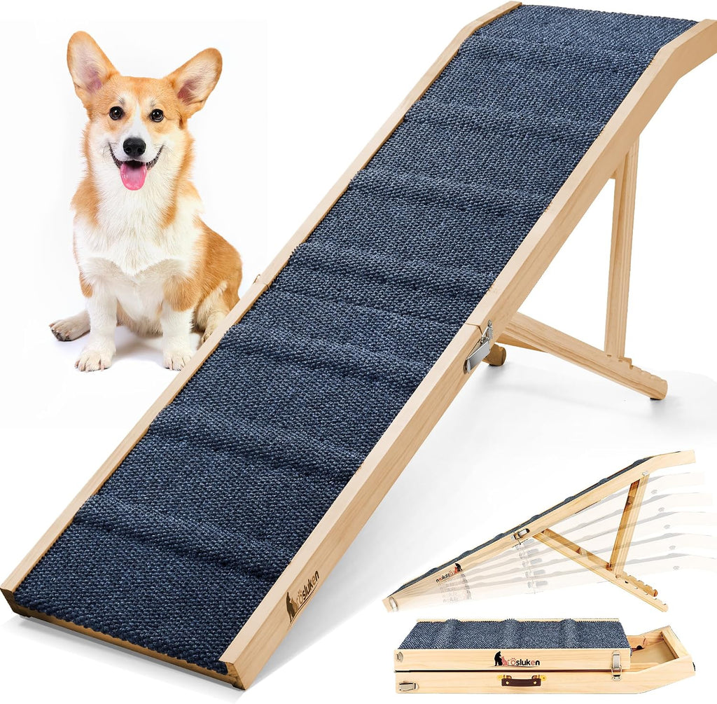 Dog Ramp for Bed, 64" Long Foldable Pet Ramp for Small Large Dogs, Dog Ramps for High Beds Car, High Traction with Platform 6 Adjustable Heights 24" to 30" Up to 220LBS Black