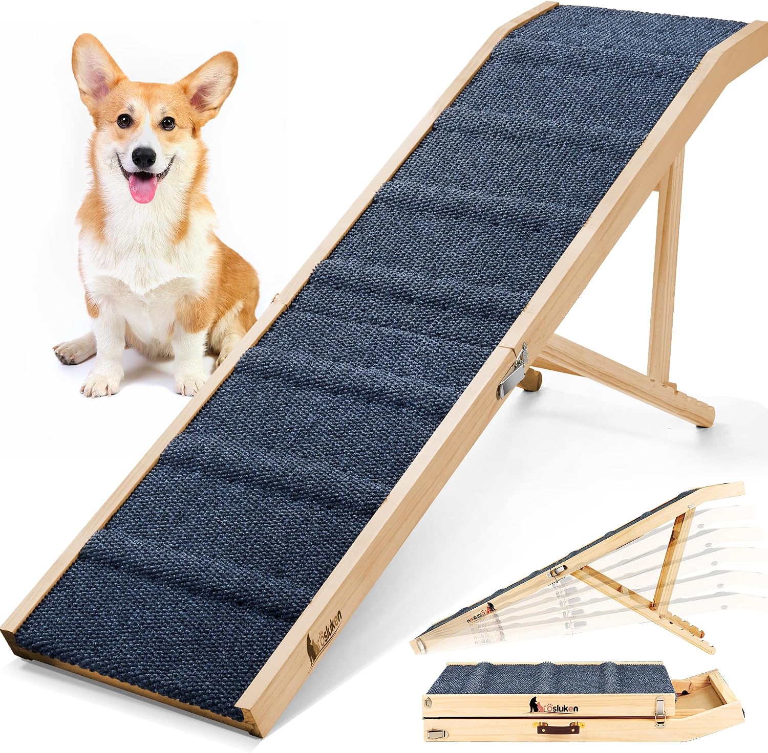 Dog Ramp for Bed, 64" Long Foldable Pet Ramp for Small Large Dogs, Dog Ramps for High Beds Car, High Traction with Platform 6 Adjustable Heights 24" to 30" Up to 220LBS Black