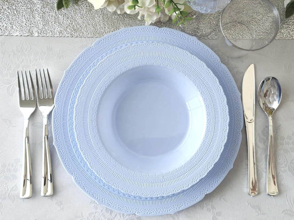 " OCCASIONS " 120 Plates Pack, Extra Heavyweight Disposable Vintage Wedding Party Plastic Plates (11'' Dinner Plate, Chateau in Blue)