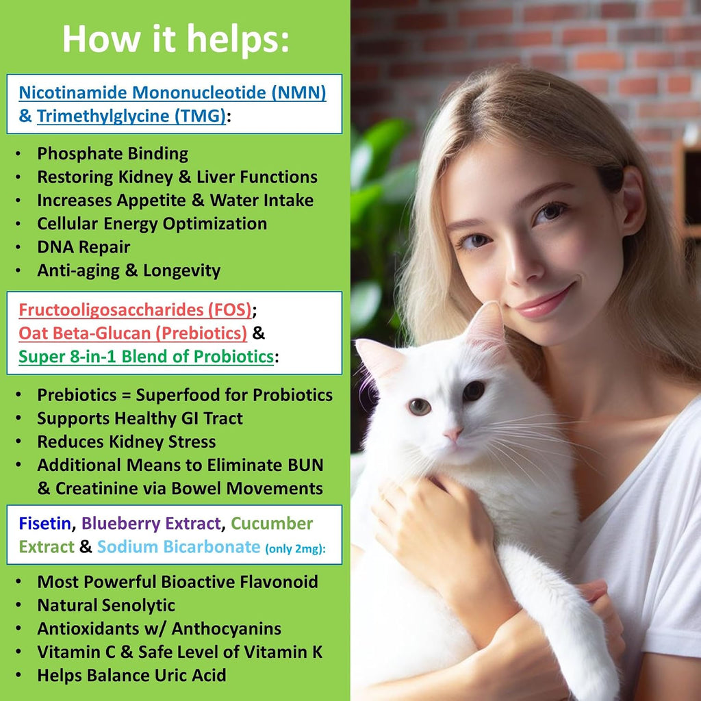 12-in-1 CKD Kidney Support Restore 4 Cats & Dogs: Super Phosphate Binder w/NMN, Fisetin, Antioxidants, Pre & Probiotic 4 Healthy Kidney & Liver Functions (60 Caps)