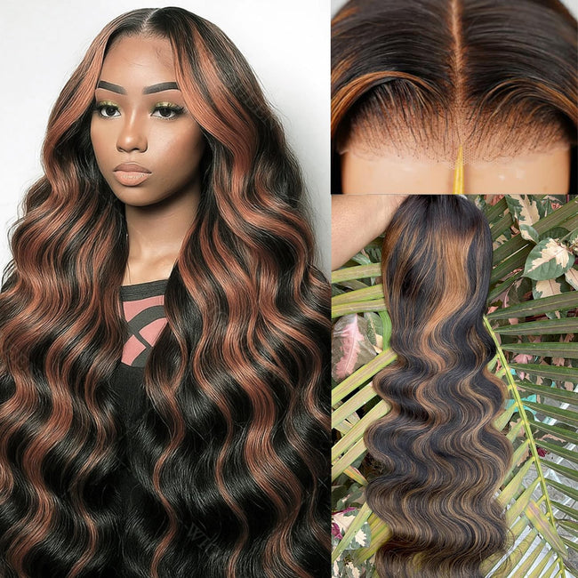 Blended Hair 28 Inch Highlight Ombre Lace Front Wig Wear and Go Glueless Wig 1B/30 Body Wave Wig Bio-Hybrid Memory Core™ Premium Fiber/Human Hair 220% Density Hover Image