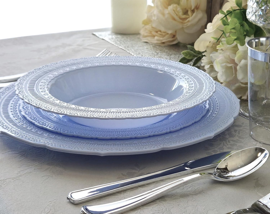 " OCCASIONS " 120 Plates Pack, Extra Heavyweight Disposable Vintage Wedding Party Plastic Plates (11'' Dinner Plate, Chateau in Blue)