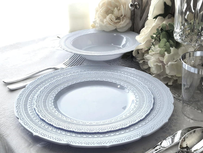 " OCCASIONS " 120 Plates Pack, Extra Heavyweight Disposable Vintage Wedding Party Plastic Plates (11'' Dinner Plate, Chateau in Blue) Main Image