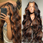 Blended Hair 28 Inch Highlight Ombre Lace Front Wig Wear and Go Glueless Wig 1B/30 Body Wave Wig Bio-Hybrid Memory Core™ Premium Fiber/Human Hair 220% Density
