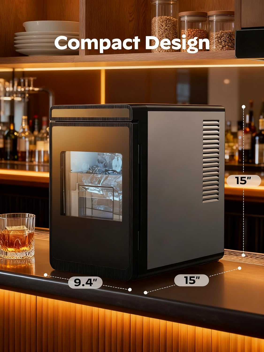 1.6" Crystal Clear Ice Maker Countertop-Produces 9 Clear Cubic Ice per Hour, 24H Timer, Self-Cleaning Countertop Ice Cube Maker with 5 Ice Cube Sizes for Whiskey & Cocktails, ETL Listed