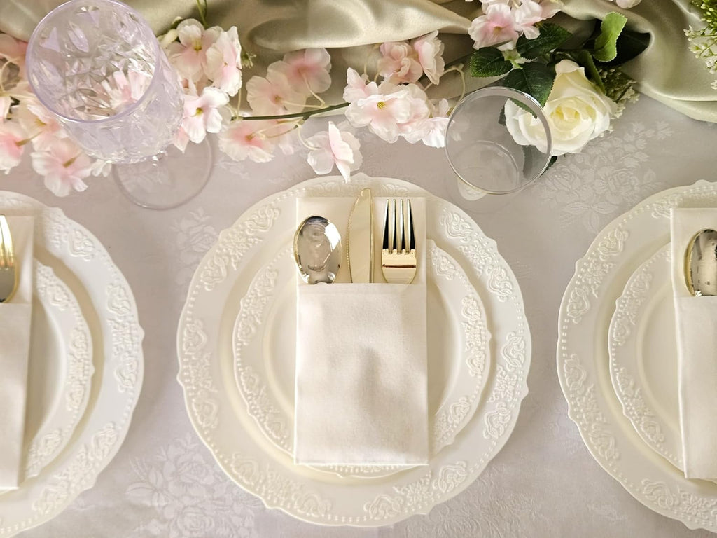 " OCCASIONS " 100 Plates Pack,(50 Guests) Vintage Wedding Party Disposable Plastic Plates Set -50x10.25'' Dinner + 50x7.5'' Salad/Dessert Plate (Portofino in plain Ivory)