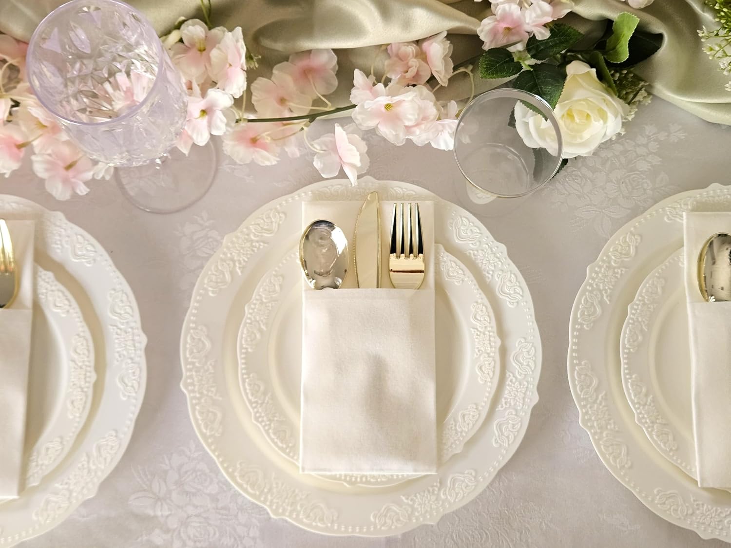 " OCCASIONS " 100 Plates Pack,(50 Guests) Vintage Wedding Party Disposable Plastic Plates Set -50x10.25'' Dinner + 50x7.5'' Salad/Dessert Plate (Portofino in plain Ivory)