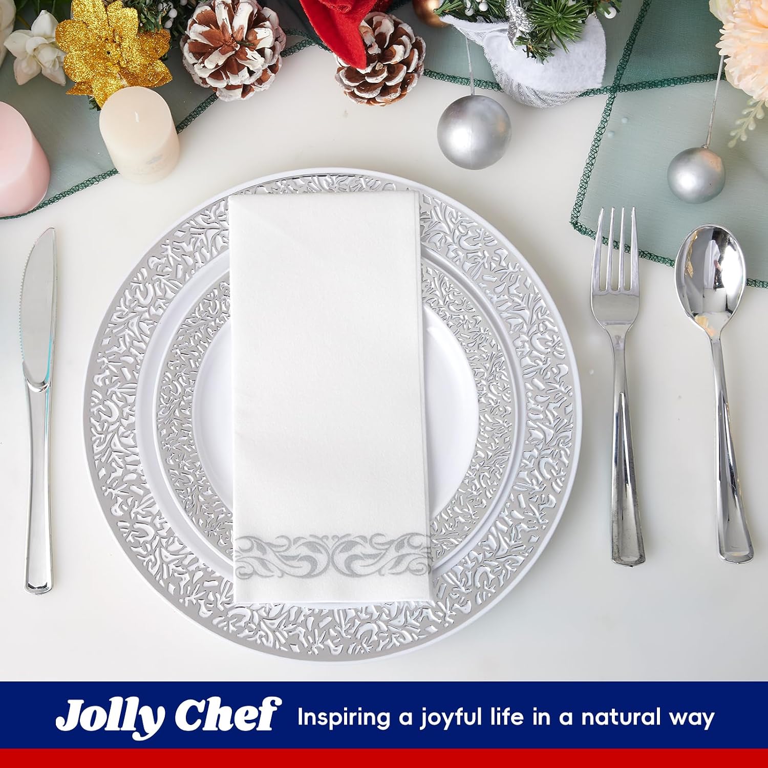 Count Silver Plastic Dinnerware, Silver Disposable Plates, Includes 30 Dinner & 30 Dessert Plates & 30 Cups & 30 Paper Napkins & 30 Plastic Silverware Set
