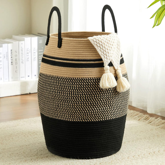 105L Extra Large Laundry Hamper Basket by Fiona's magic, Woven Tall Clothes Hamper for Storage Blanket, Toys and Dirty Cothes in Bedroom and Living Room Organizer, Brown & Black Hover Image