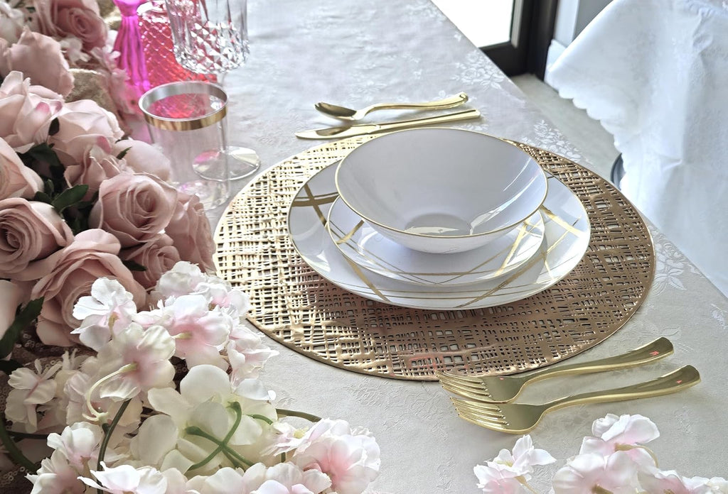 " OCCASIONS " 40 Pieces Pack Pressed Vinyl Metallic Placemats/Wedding Accent Centerpiece Placemat (Round Linen Gold)