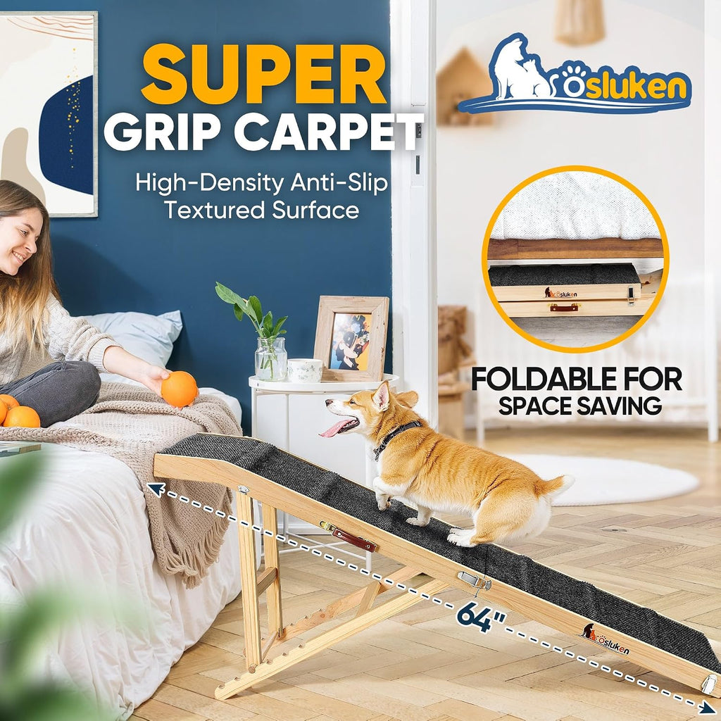 Dog Ramp for Bed, 64" Long Foldable Pet Ramp for Small Large Dogs, Dog Ramps for High Beds Car, High Traction with Platform 6 Adjustable Heights 24" to 30" Up to 220LBS Black