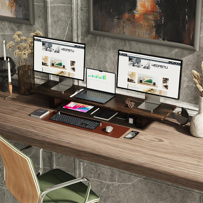 "WEGASTU Solid Wood Rustic Desk Monitor Stand with Storage，Large Dual Monitor Stand Riser for Laptop Computer/TV/PC/Printers, Perfect Desktop Stands Organizer with Underneath Storage for Office Main Image