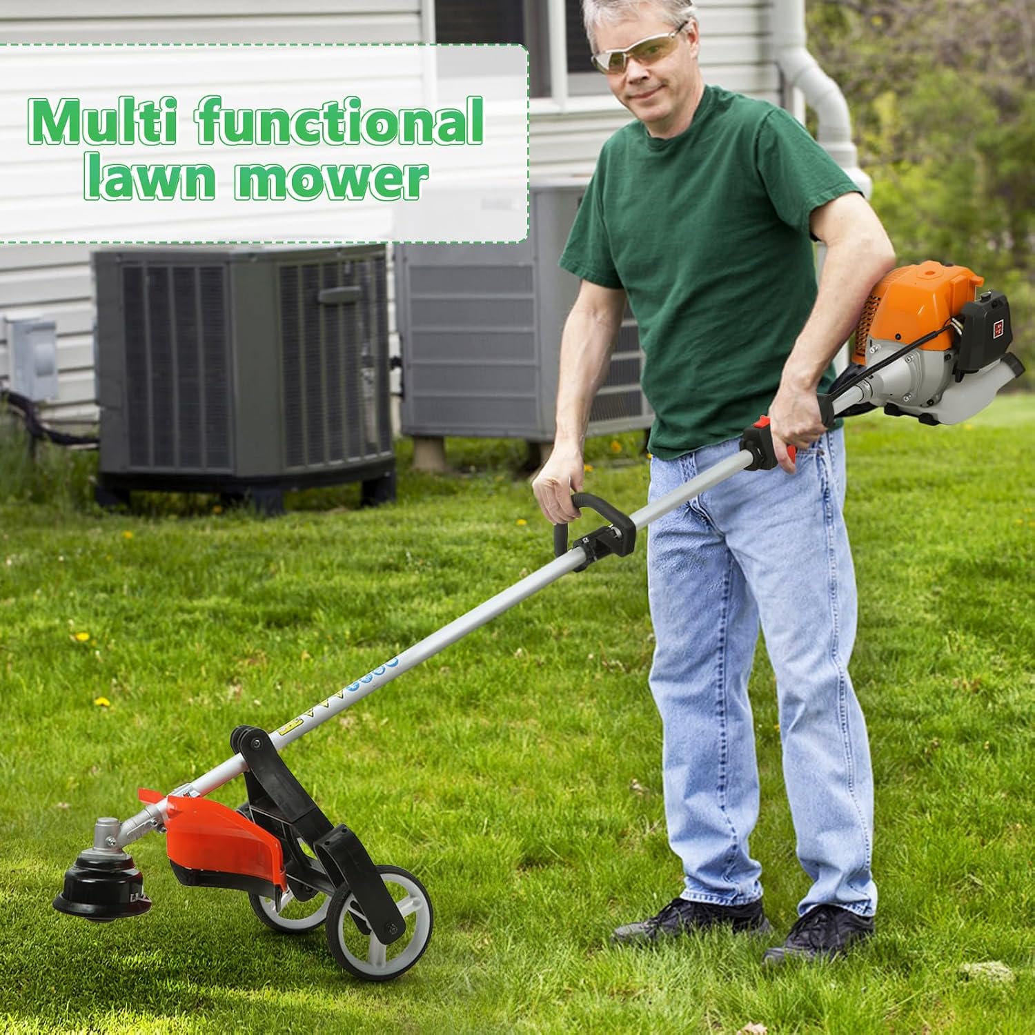 Gas Weed Eater 52cc, 2.3KW 2-Stroke Gas Powered Weed Wacker with Hedge Trimmer, Pole Saw, Brush Cutter & Auxiliary Wheel, Multi-Functional Lawn Care Tool for Yard, Garden Orange
