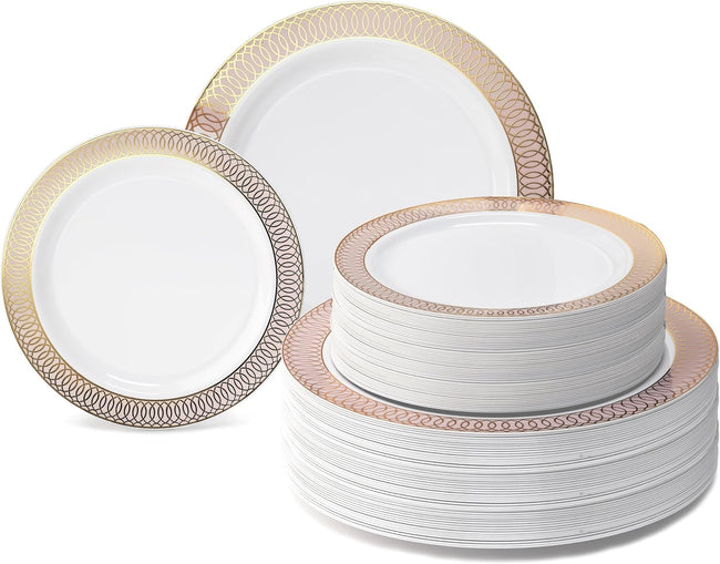" OCCASIONS " 120 Plates Pack,(60 Guests) Premium Premium Wedding Party Disposable Plastic Plates Set -60 x 10'' Dinner + 60 x 7.5'' Salad/Dessert (Venice Blush and Gold) Hover Image