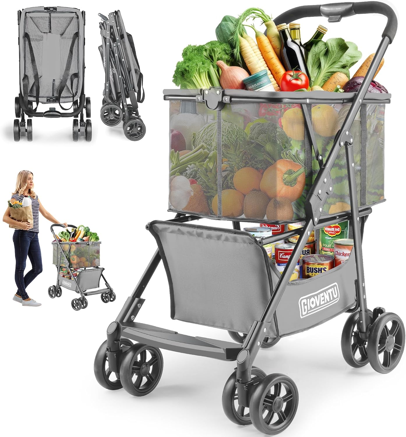 Folding Shopping Cart with Wheels, 80lbs Multi Use Grocery Carts with 360° Wheels & Removable Tote Bag, Multifunctional Portable Personal Shopping Carts for Groceries, Black