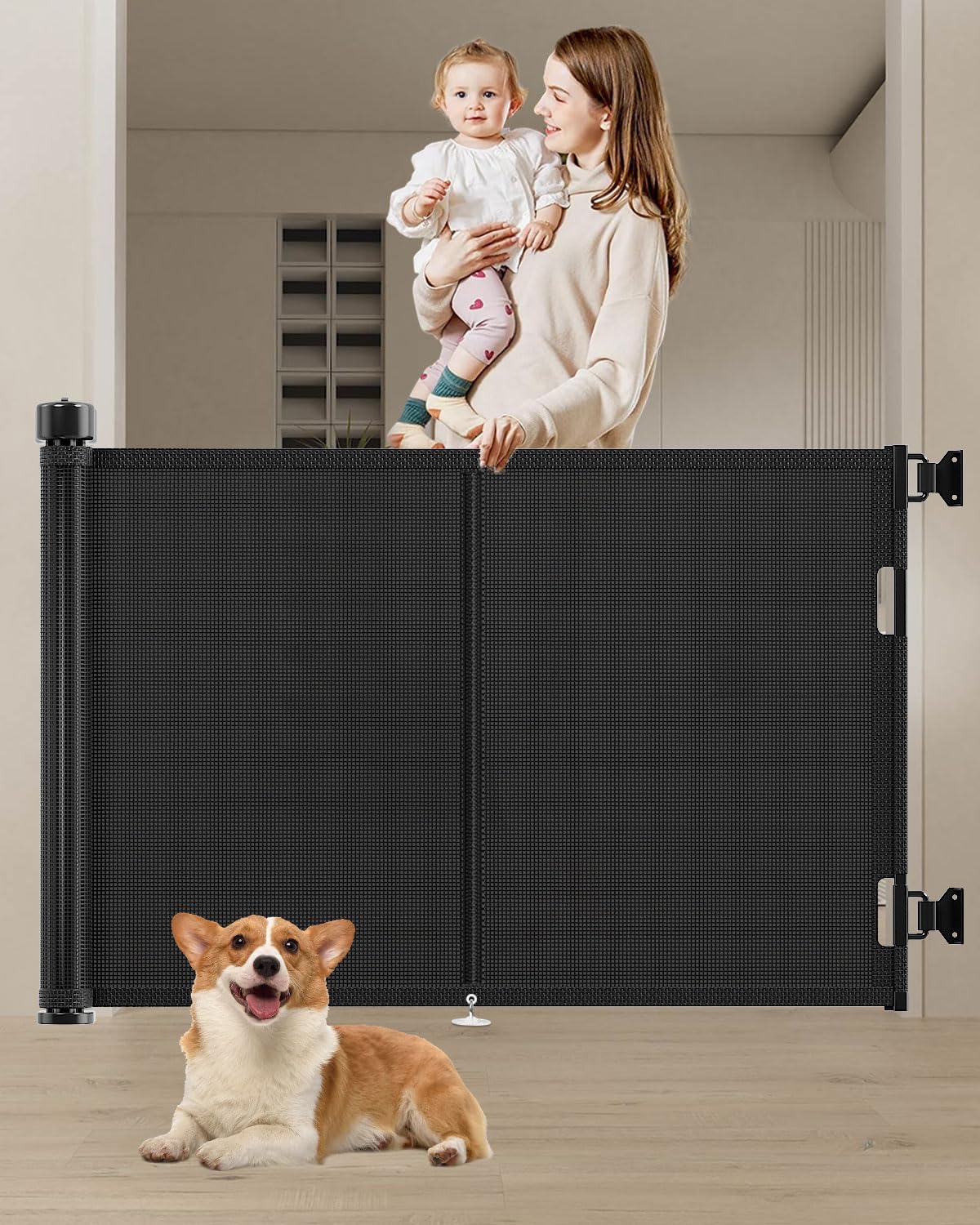 120 inch Retractable Baby Gates 34 inch Tall, Retractable Gate with Reinforced Strip Design to Prevent Crawling Through, 10 FT Extra Wide Retractable Dog Gate for Indoor/Outdoor
