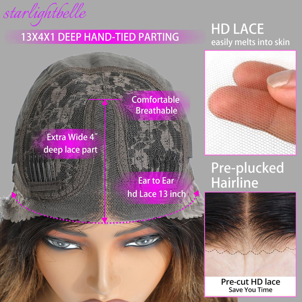 Blended Hair 28 Inch Highlight Ombre Lace Front Wig Wear and Go Glueless Wig 1B/30 Body Wave Wig Bio-Hybrid Memory Core™ Premium Fiber/Human Hair 220% Density