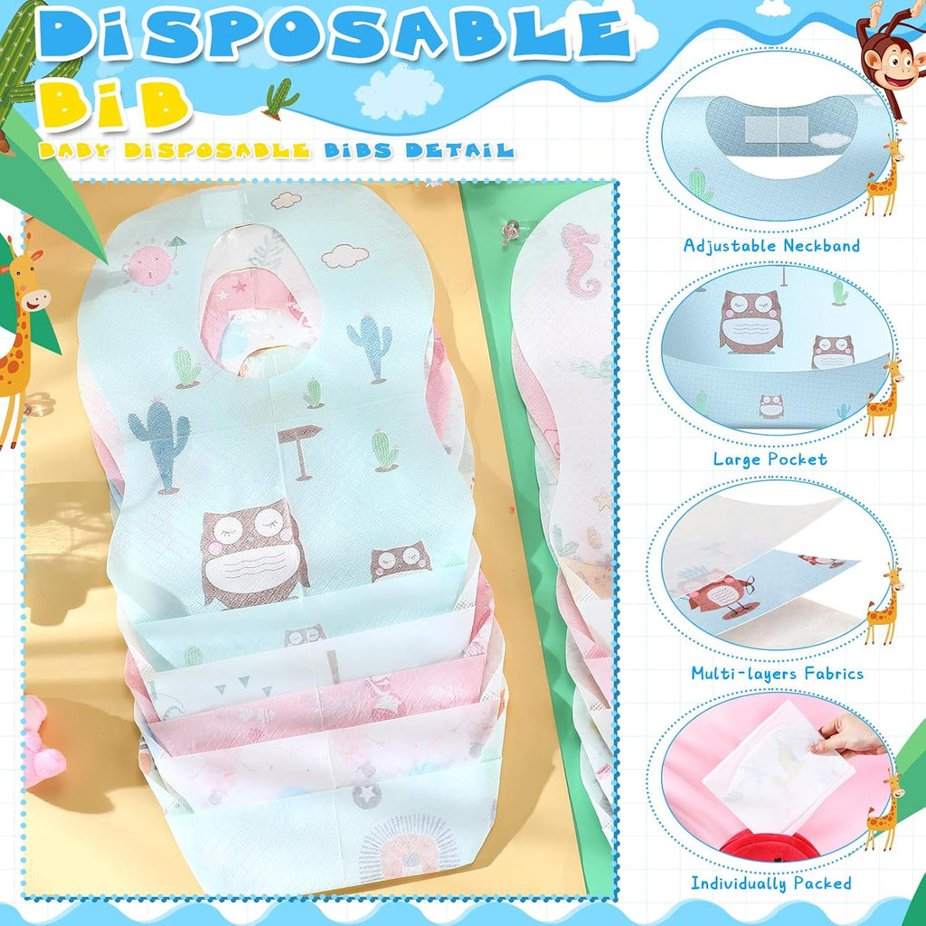 100/200 Pcs Disposable Baby Bibs Bulk Travel Feeding Bib Soft Food Catcher Pocket for Toddlers Girls Boys