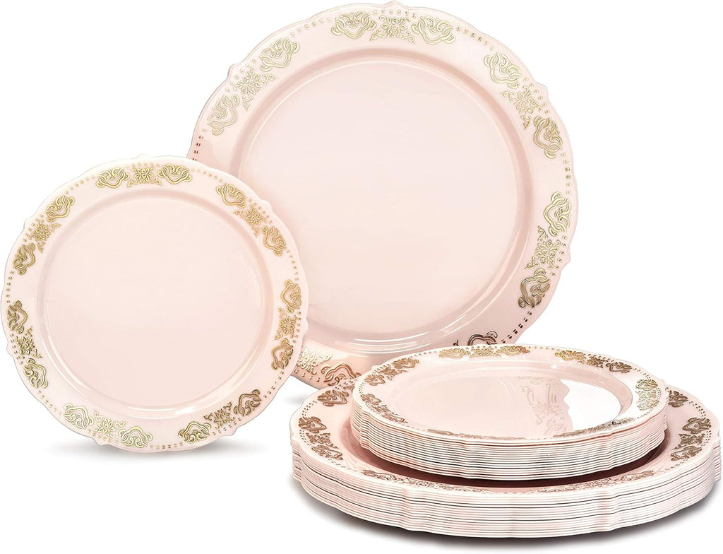 " OCCASIONS " 100 Plates Pack,(50 Guests) Vintage Wedding Party Disposable Plastic Plates Set -50x10.25'' Dinner + 50x7.5'' Salad/Dessert Plate (Portofino in plain Ivory)