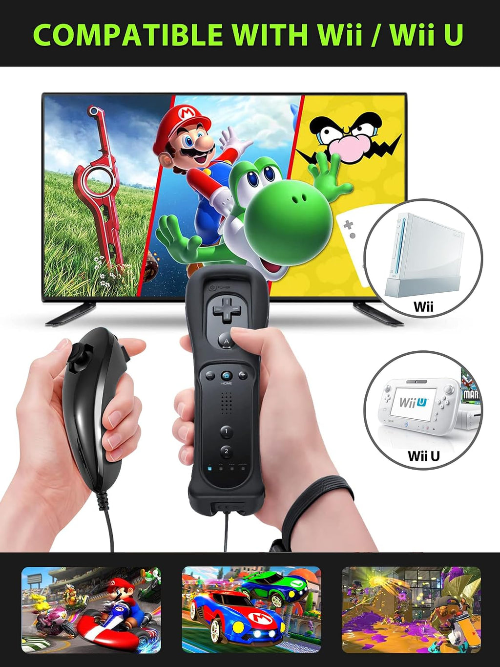(Black* 2) Remote Controller with Motion Plus for Wii/WII U, 2 in 1 Remote with Nunchuck Controller for Wii/WII U Console [nintendo_wii_u]