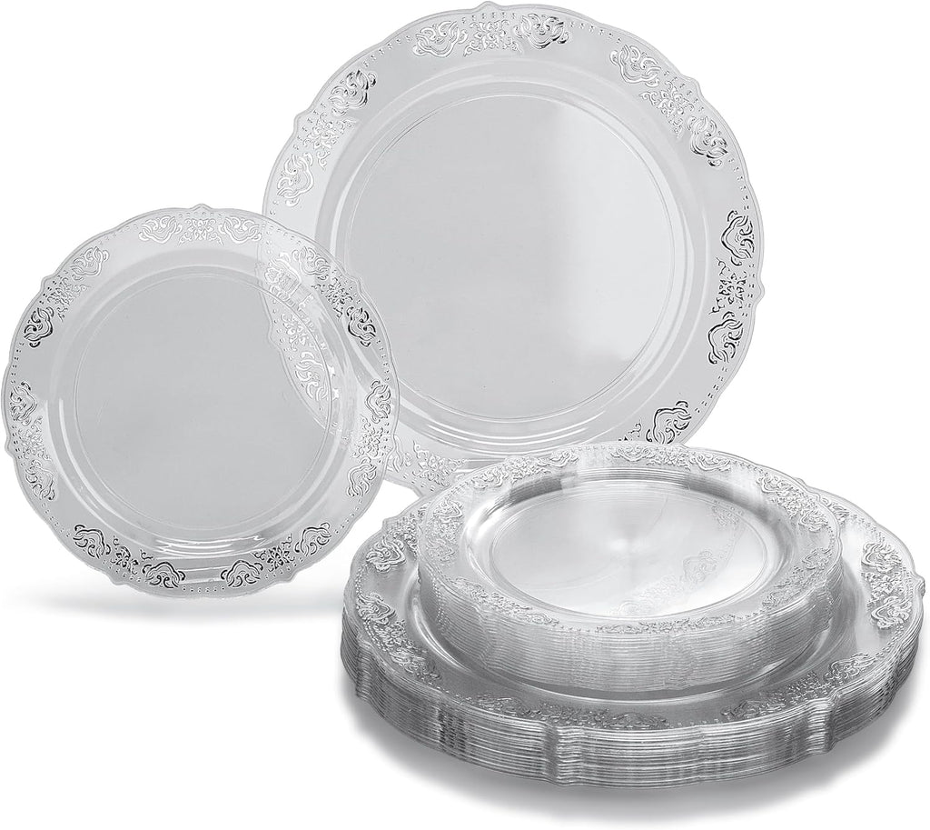 " OCCASIONS " 100 Plates Pack,(50 Guests) Vintage Wedding Party Disposable Plastic Plates Set -50x10.25'' Dinner + 50x7.5'' Salad/Dessert Plate (Portofino in plain Ivory)