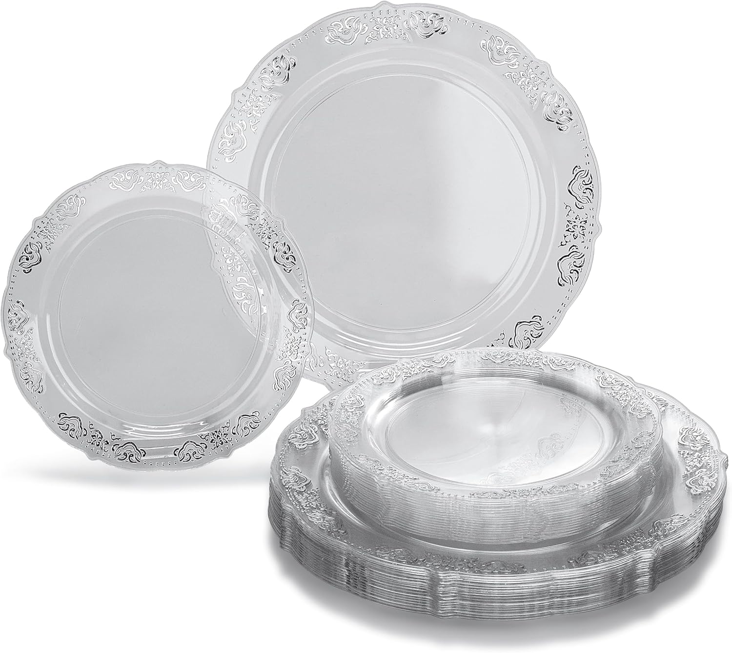 " OCCASIONS " 100 Plates Pack,(50 Guests) Vintage Wedding Party Disposable Plastic Plates Set -50x10.25'' Dinner + 50x7.5'' Salad/Dessert Plate (Portofino in plain Ivory)