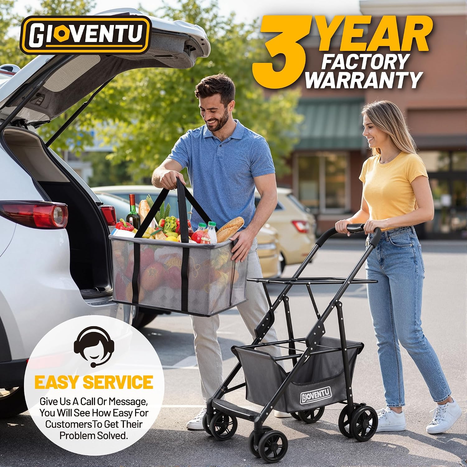 Folding Shopping Cart with Wheels, 80lbs Multi Use Grocery Carts with 360° Wheels & Removable Tote Bag, Multifunctional Portable Personal Shopping Carts for Groceries, Black