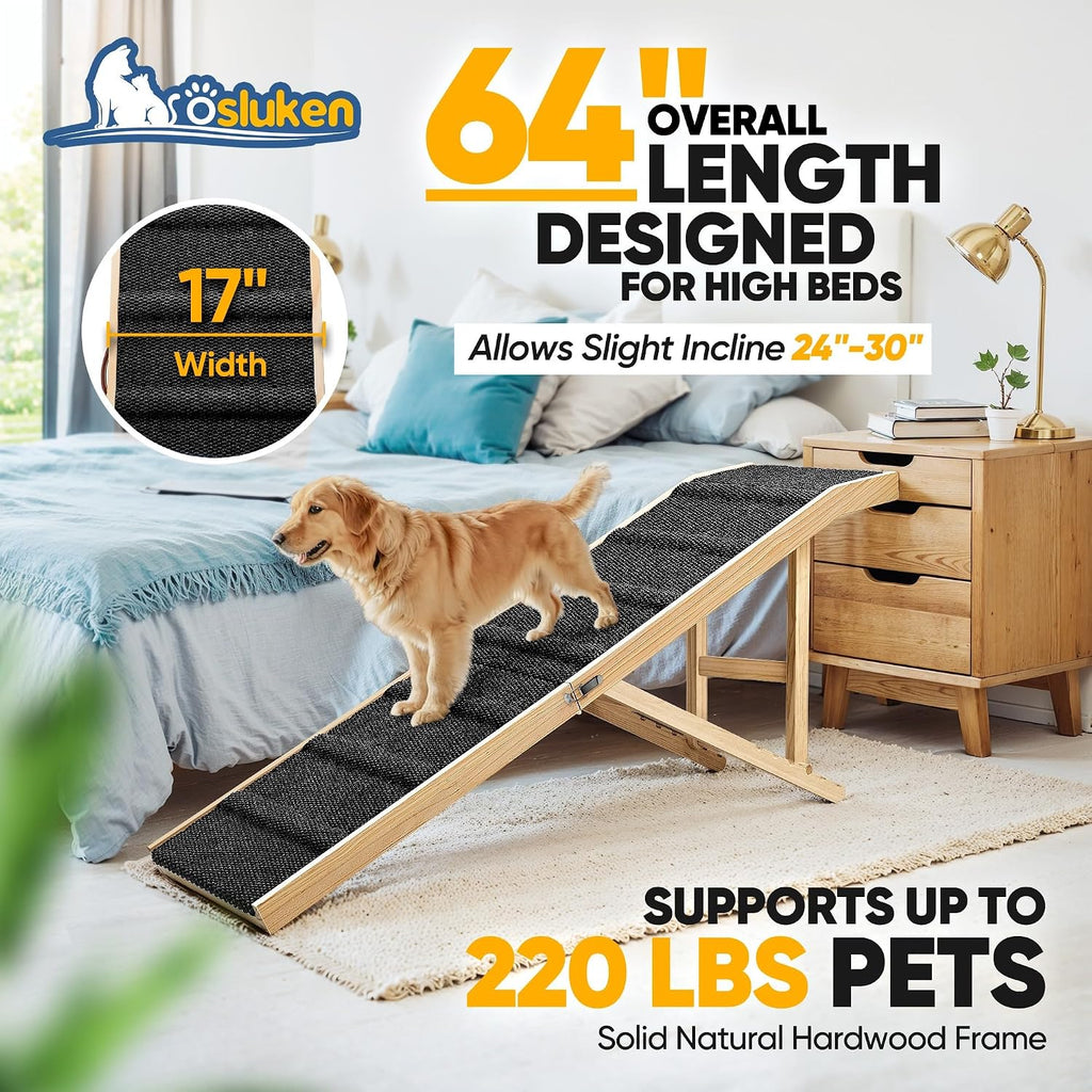 Dog Ramp for Bed, 64" Long Foldable Pet Ramp for Small Large Dogs, Dog Ramps for High Beds Car, High Traction with Platform 6 Adjustable Heights 24" to 30" Up to 220LBS Black