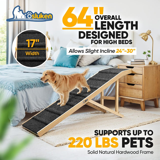 Dog Ramp for Bed, 64" Long Foldable Pet Ramp for Small Large Dogs, Dog Ramps for High Beds Car, High Traction with Platform 6 Adjustable Heights 24" to 30" Up to 220LBS Black Main Image