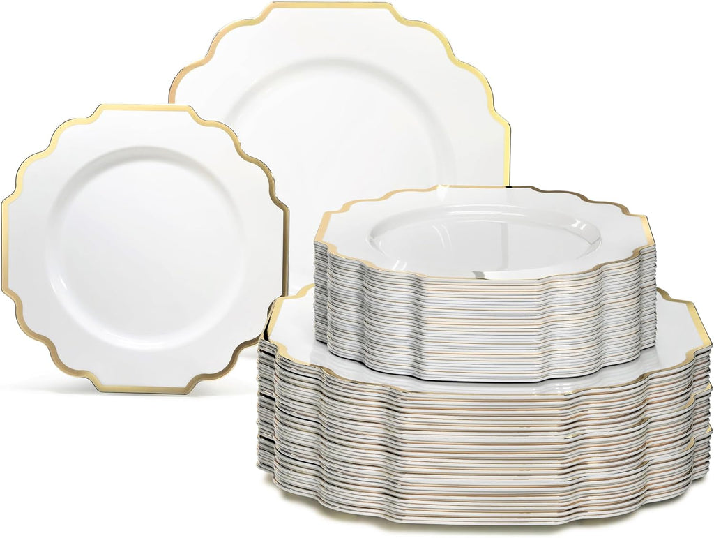 " OCCASIONS " 120 Plates Pack, Heavyweight Disposable Wedding Party Plastic Plates (6.5'' Cake/Dessert Plate, Imperial White/Blue & Silver)