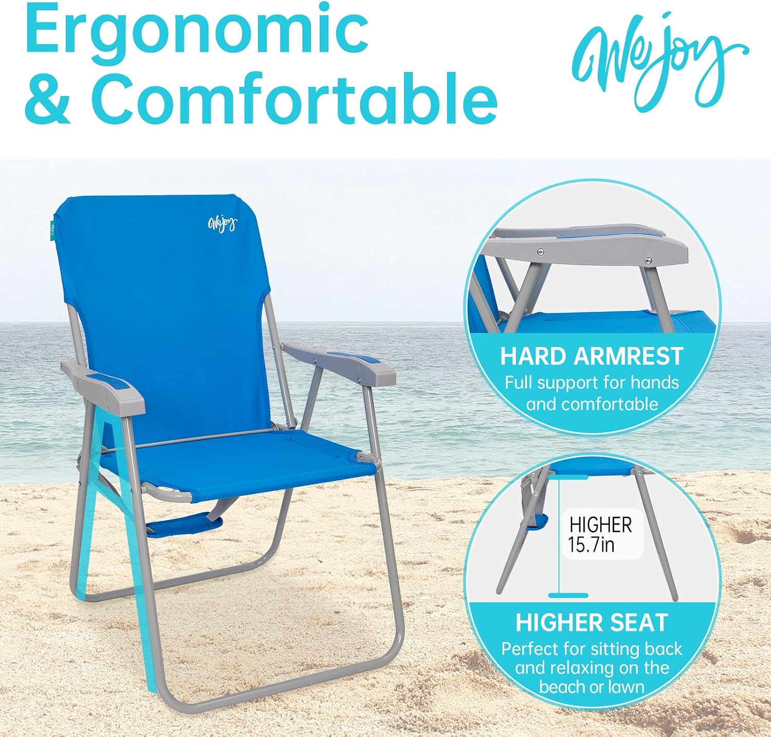 #WEJOY Folding Beach Chair for Adults, Lightweight Beach Chair with Shoulder Straps, High Back Camping Chairs with Hard Armrest, Supports 300lbs for Outdoor Lawn Concert