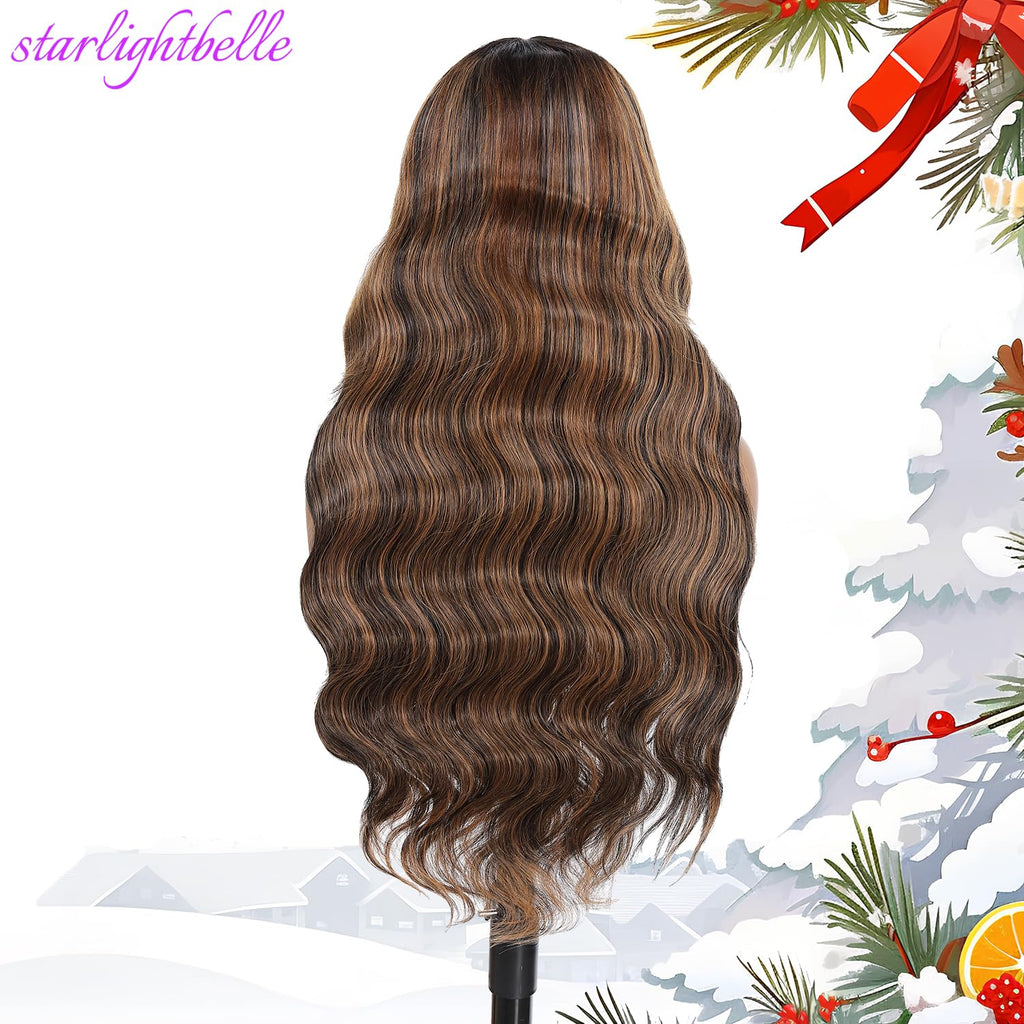 Blended Hair 28 Inch Highlight Ombre Lace Front Wig Wear and Go Glueless Wig 1B/30 Body Wave Wig Bio-Hybrid Memory Core™ Premium Fiber/Human Hair 220% Density