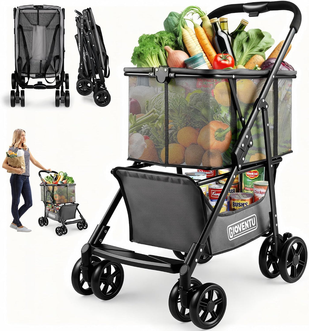 Folding Shopping Cart with Wheels, 80lbs Multi Use Grocery Carts with 360° Wheels & Removable Tote Bag, Multifunctional Portable Personal Shopping Carts for Groceries, Black