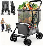 Folding Shopping Cart with Wheels, 80lbs Multi Use Grocery Carts with 360° Wheels & Removable Tote Bag, Multifunctional Portable Personal Shopping Carts for Groceries, Black