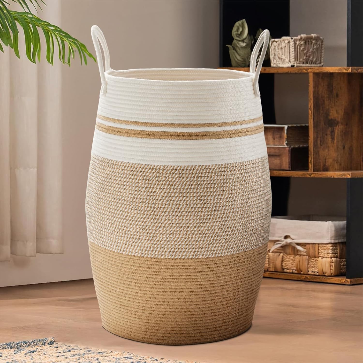 105L Extra Large Laundry Hamper Basket by Fiona's magic, Woven Tall Clothes Hamper for Storage Blanket, Toys and Dirty Cothes in Bedroom and Living Room Organizer, Brown & Black