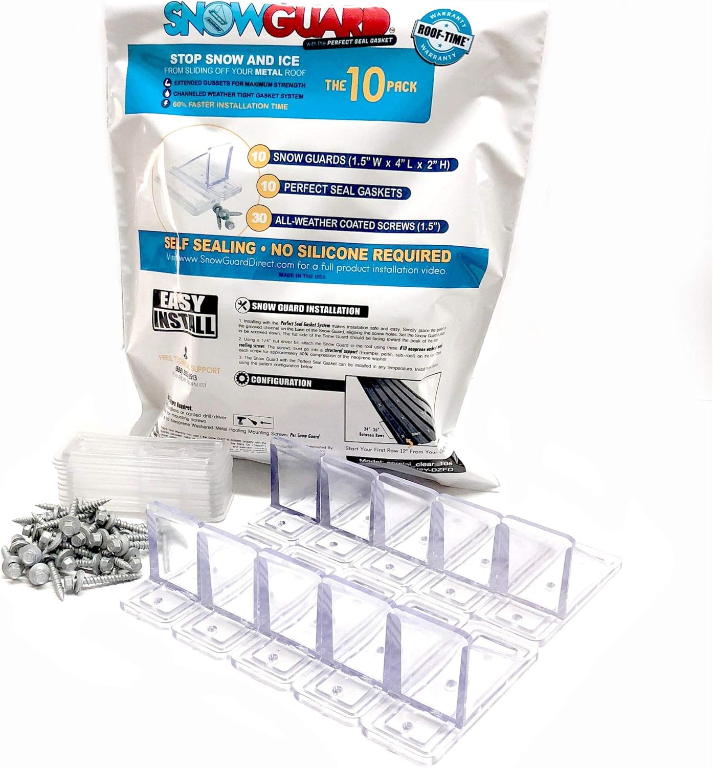 10 Pack Snow Guards for Metal Roofs – with Perfect Seal Gaskets & Screws – Heavy-Duty Polycarbonate Roof Snow Stops Prevent Sliding Snow & Ice | Made in USA
