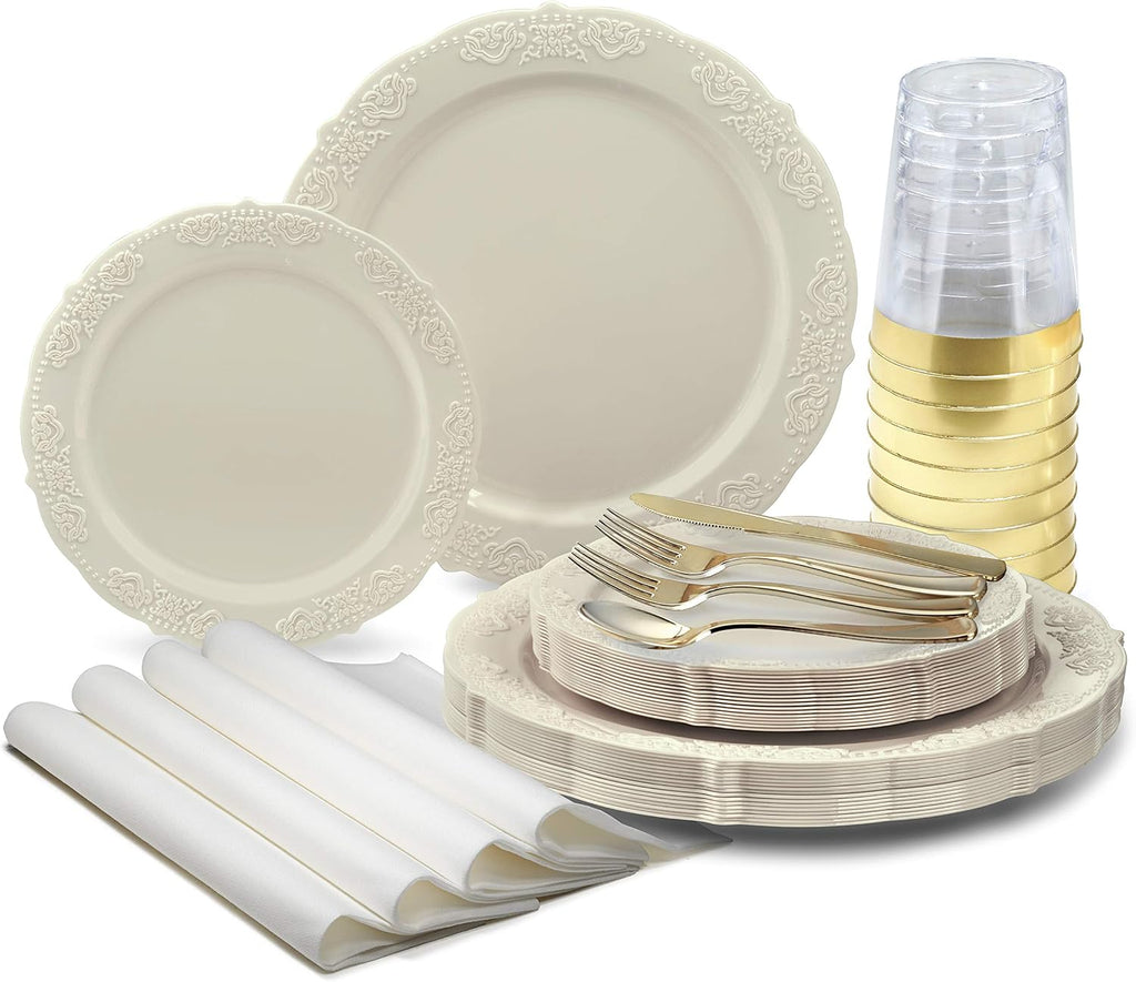 " OCCASIONS " 100 Plates Pack,(50 Guests) Vintage Wedding Party Disposable Plastic Plates Set -50x10.25'' Dinner + 50x7.5'' Salad/Dessert Plate (Portofino in plain Ivory)