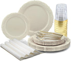 " OCCASIONS " 100 Plates Pack,(50 Guests) Vintage Wedding Party Disposable Plastic Plates Set -50x10.25'' Dinner + 50x7.5'' Salad/Dessert Plate (Portofino in plain Ivory)