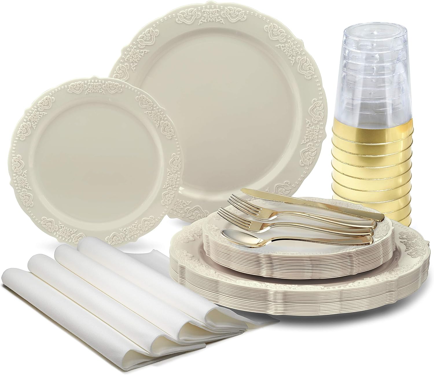 " OCCASIONS " 100 Plates Pack,(50 Guests) Vintage Wedding Party Disposable Plastic Plates Set -50x10.25'' Dinner + 50x7.5'' Salad/Dessert Plate (Portofino in plain Ivory)