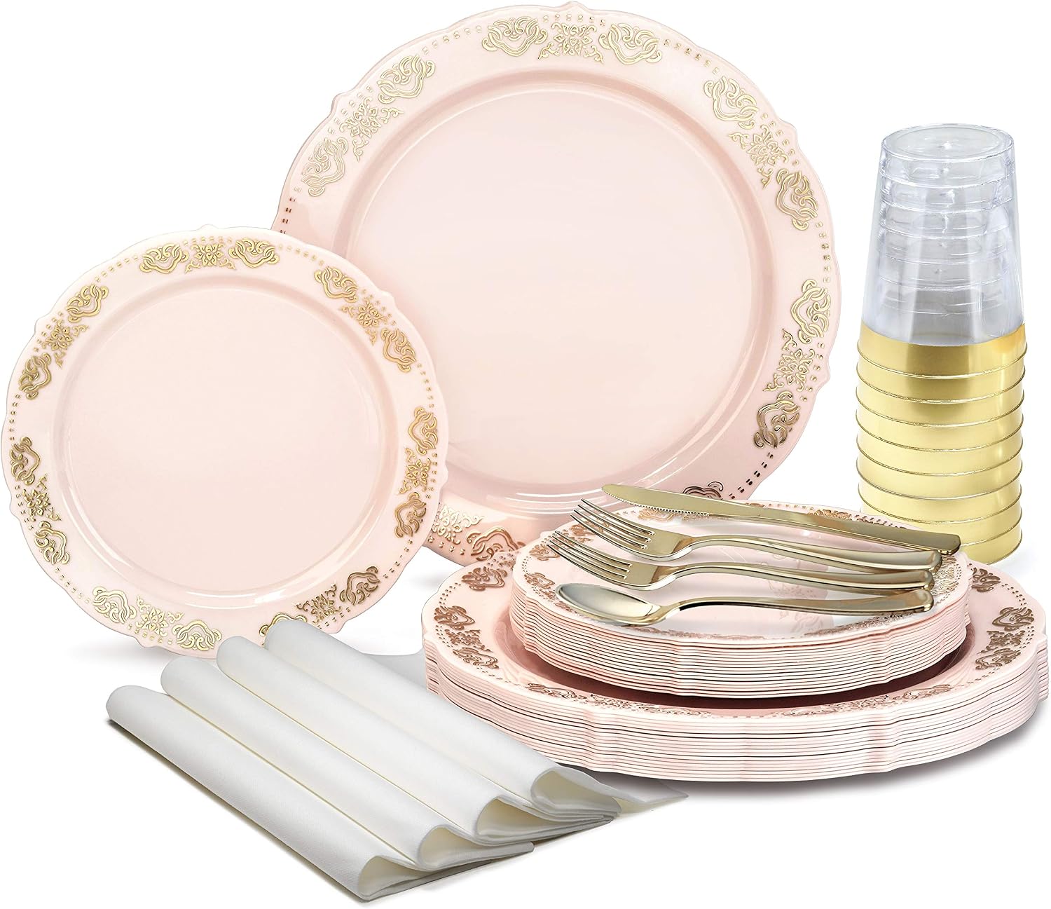 " OCCASIONS " 100 Plates Pack,(50 Guests) Vintage Wedding Party Disposable Plastic Plates Set -50x10.25'' Dinner + 50x7.5'' Salad/Dessert Plate (Portofino in plain Ivory)