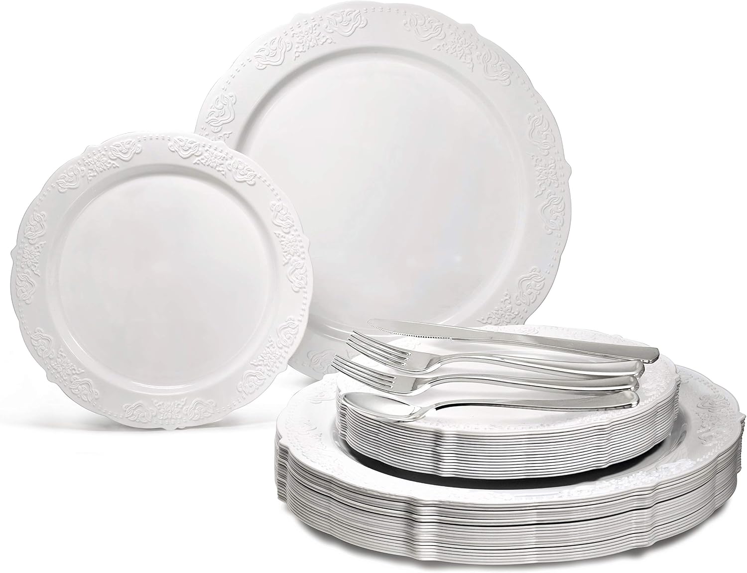" OCCASIONS " 100 Plates Pack,(50 Guests) Vintage Wedding Party Disposable Plastic Plates Set -50x10.25'' Dinner + 50x7.5'' Salad/Dessert Plate (Portofino in plain Ivory)