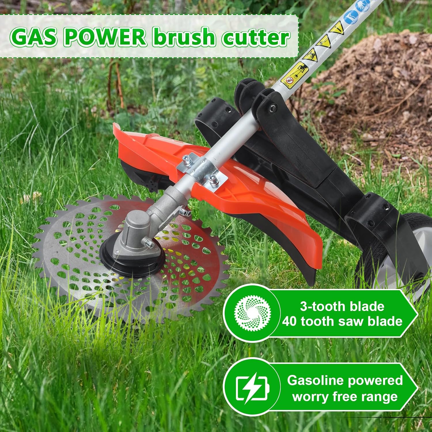 Gas Weed Eater 52cc, 2.3KW 2-Stroke Gas Powered Weed Wacker with Hedge Trimmer, Pole Saw, Brush Cutter & Auxiliary Wheel, Multi-Functional Lawn Care Tool for Yard, Garden Orange