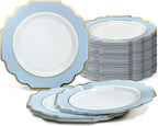 " OCCASIONS " 120 Plates Pack, Heavyweight Disposable Wedding Party Plastic Plates (6.5'' Cake/Dessert Plate, Imperial White/Blue & Silver)