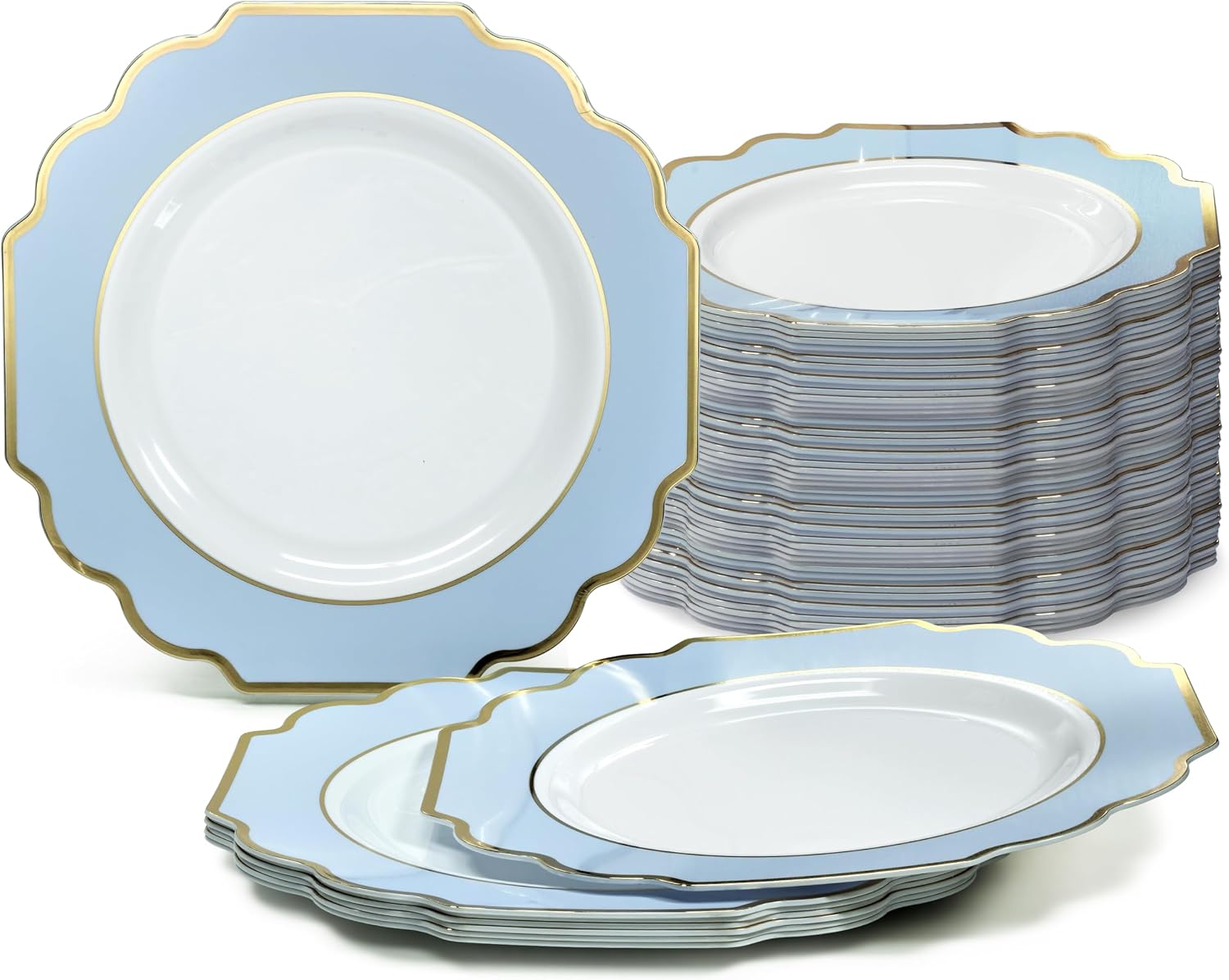 " OCCASIONS " 120 Plates Pack, Heavyweight Disposable Wedding Party Plastic Plates (6.5'' Cake/Dessert Plate, Imperial White/Blue & Silver)