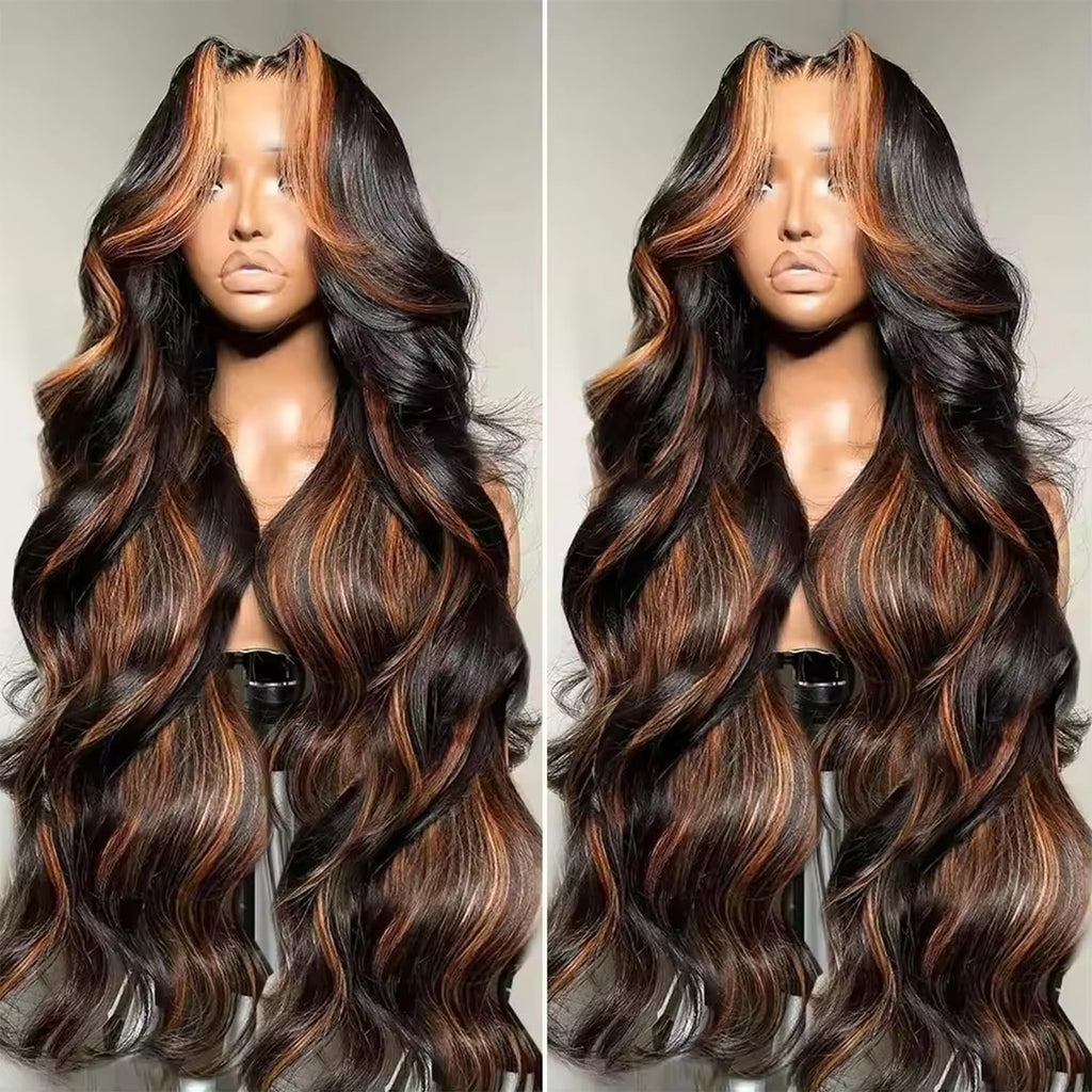 Blended Hair 28 Inch Highlight Ombre Lace Front Wig Wear and Go Glueless Wig 1B/30 Body Wave Wig Bio-Hybrid Memory Core™ Premium Fiber/Human Hair 220% Density