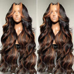 Blended Hair 28 Inch Highlight Ombre Lace Front Wig Wear and Go Glueless Wig 1B/30 Body Wave Wig Bio-Hybrid Memory Core™ Premium Fiber/Human Hair 220% Density